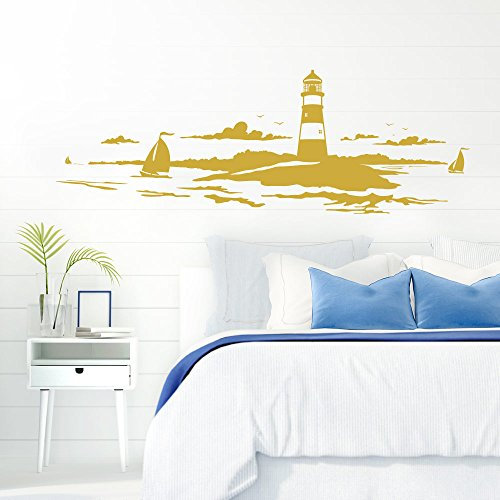 Grandora Skyline Küstenlandschaft Leuchtturm I Gold 167 x 58 cm I Bad Wohnzimmer Schlafzimmer Aufkleber Wandaufkleber Wandsticker Modern W974