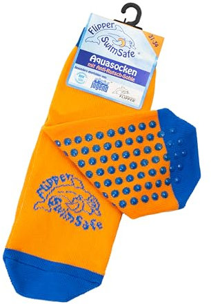 Flipper Swimsafe 1054 - Chaussettes aquatiques avec semelle antidérapante en bleu-orange, pour enfants, taille 31 -34, idéales pour aller à la piscine sans soucis