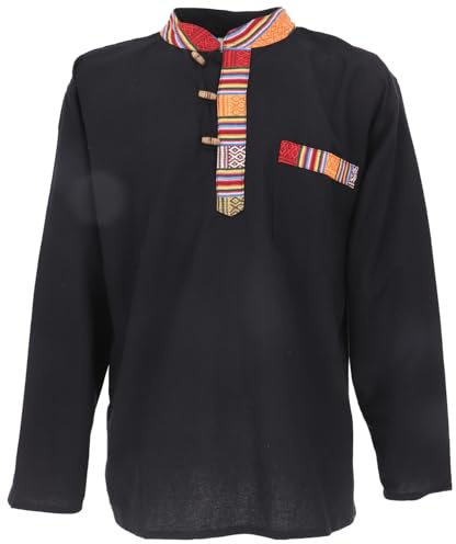 GURU SHOP Nepal Ethno Fischerhemd, Goa Hemd aus Baumwolle, Herren, schwarz | Leichtes, bequemes langärmliges Hemd, normale Passform, einzigartige nepalesische Designs, Kokosnussknöpfe.