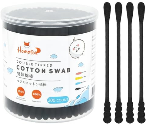 HOMEFOX Schwarze Wattestäbchen, Spirale – 200 Stück, Bio-Baumwollstäbchen, Gothic-Badezimmer, fest verpackt, anthrazit, Baumwollspitzen, Papierstäbchen, weich, sanft, tierversuchsfrei, fusselfrei,