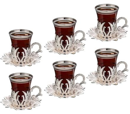 LaModaHome Juego de 6 té plateado – Incluye 6 vasos, 6 soportes para platillos – VIP especial para servir tulipán turco árabe, juegos de café marroquí, taza lavable a máquina, taza (plata)
