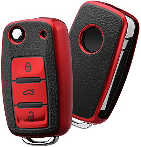 OATSBASF Autoschlüssel Hülle VW, VW Golf Schlüsselbox, Schlüsselhülle Cover für vw Polo Passat Skoda Seat 3-Tasten (P-Rot)
