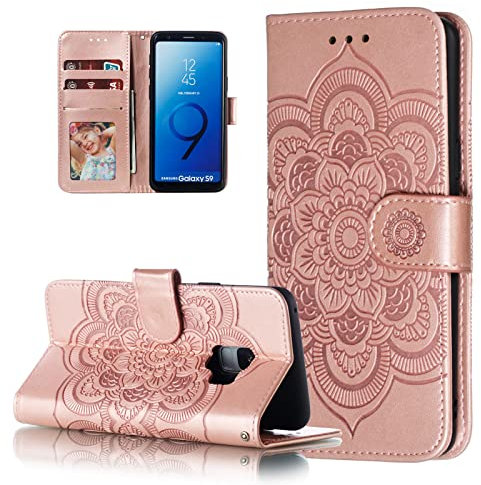 EYZUTAK Mandala Hülle für Samsung Galaxy S8 Plus,Premium PU Leder Flip Brieftasche Kartenfächern Holder Magnetic Ständer Schutzhülle Handyhülle Ultra Slim Case mit Lanyard, Prägung Klapphülle-Roségold