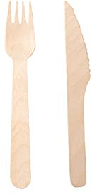 200 Cubiertos desechables de madera 165 mm. Biodegradables y compostables. 100 x tenedores y cuchillos.