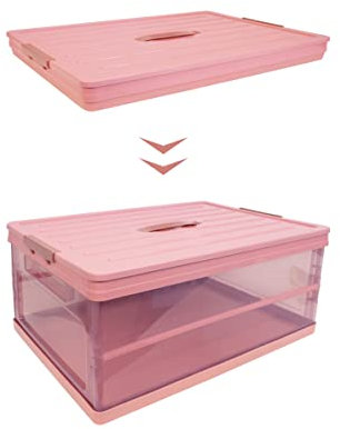 SIC Boîte de Rangement Pliable Transparente,Caisses de Rangement en Plastique,Organisateur Coffre de Voiture,Armoires,Maison,Garde-Manger,Bureau, (42 x 28 x 21 cm, rose)