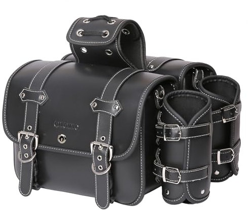 QJBOMTO Motorrad-Satteltaschen aus hochdichtem PVC Leder,Gepäckträger-Seitentaschen mit Getränkehalter,wasserdicht,seitliche Werkzeugtasche,Aufbewahrungstasche für Motorrad,universell,1Paar,M,schwarz