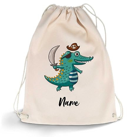 GRAVURZEILE Bedruckter Turnbeutel - mit Fantasy Motiv und Wunschname - Sportbeutel Rucksack Daypack Gymbag mit Kordelzug - für Jungen & Mädchen - 12 Liter 33x45 cm - Farbe Krokodil