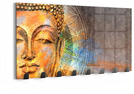 DEQORI Wandgarderobe Glas & Metall | Motiv Meditierender Buddha | 60x30 cm | Design Haken-Leiste modern | Garderoben-Paneel für Flur, Wohnzimmer & Schlafzimmer | magnetisch & beschreibbar