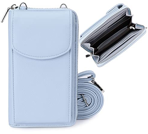 irisaa Geldbörse Damen mit Handyfach, RFID Schutz und Viele Kartenfächer, Crossbody Handytasche mit Geldbeutel Kleine Umhängetasche mit Verstellbarem Schultergurt, Damen Tasche:weich-Hell Blau