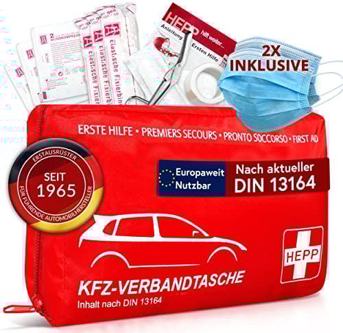 Original Hans Hepp® Verbandskasten Auto nach DIN 13164 [Pflicht ab 02/2023] - inkl. 2x med. Gesichtsmasken - Erste Hilfe Set Auto zertifiziert für 2025 für HU (StVO konform) - Verbandstasche