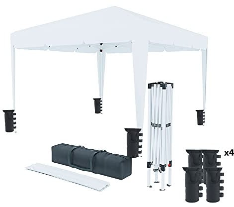 Gazebo Pieghevole Idrorepellente 3 x 3 M Da Giardino Con 4 Sacche Per Pesi E Sacca Trasporto Chiusura A Fisarmonica Per Fiere Campeggio Esterno Piscina Struttura Acciaio Copertura 160 gr/m² (Bianco)