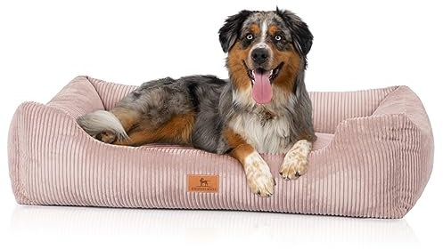 Knuffelwuff Hundebett aus Cord mit handgewebtem Charakter Olivia XL, 105 x 75 cm, Rosa, Abnehmbarer Bezug, waschbar, für große, mittlere und kleine Hunde