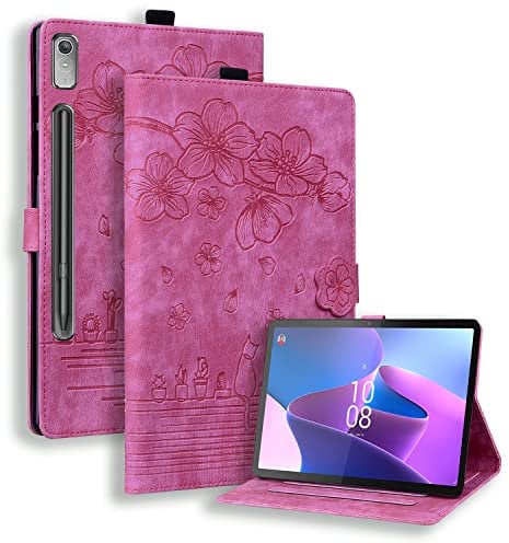 Case for Lenovo Tab P12 12.7 Inch Tablet 2023 Shockproof with S-Pen Holder Cute Cat 3D Floral Magnetic Closure Stand Cover for Lenovo Tab P12 Tablet 2023, Auto Wake/Sleep - Deep Pink