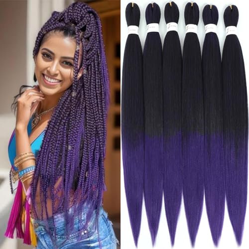 Xusuperb Lang Pre Stretched Braiding Haare Ombre Purple 30 Zoll Easy Braids Extensions Schwarz Lila Kunsthaar zum Einflechten 6 Packs Soft Knotless Yaki-Textur Zöpfe Haarverlängerungen(T1B/Violett#)
