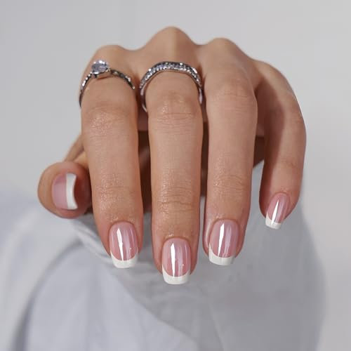 BTArtbox Stick On Nails Short - White French Tip False Nails Square, Chrome Glazed Press On Nails in 15 Sizes - 30 Soft Gel Fake Nail Kit, Be Elegant