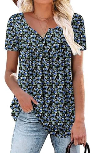 CHICZONE Ladies Tunic Tops Buttons Up Blouse Floral Printed Plain Pleated Womens V Neck Henley