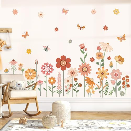 decalmile Wandtattoo Kinderzimmer Blumen Boho Wandaufkleber Blumen Bunte Gänseblümchen Schmetterlinge Wandsticker Babyzimmer Schlafzimmer Wohnzimmer Wanddeko