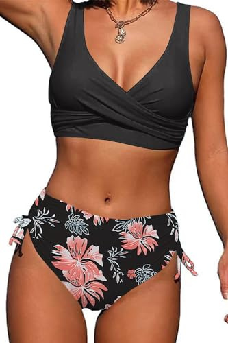 Yutdeng Costume da Bagno Donna Curvy Bikini Mare Vita Alta Due Pezzi Costumi Top Push Up Scollo a V con Incrociati sul Retro e Pantaloncini da Bagno con Coulisse Laterale a Pieghe,Rosa,L