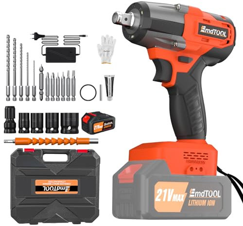 Bürstenloser Akku Schlagschrauber 500Nm Drehmoment, 1/2 Zoll Akku Drehschlagschrauber Reifenwechsel inkl.Bohrer-Bits/Steckschlüssel-Set/Schraubendreherbitsd Orange