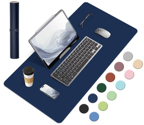 Non-Slip Desk Mat, Natural Cork & Leather Desk Pad, Waterproof Large Mouse Pad, Easy Clean Laptop Mat for Desk, Desk Table Protector Mat, Mouse Pad for Office/Home/Detor (Dark Blue, 60x34CM)