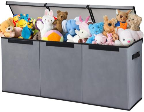 BAKAJI Scatole Portagiochi per Bambini, Scatola Portaoggetti con Coperchio e 3 Scomparti, Porta Giochi da Cameretta Pieghevole in TNT, Scatole Organizer Box Capacità 118 Litri, 91.5x32x40.5cm (Grigio)