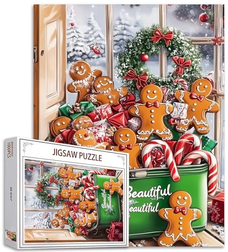 Christmas Gingerbread Man Jigsaw 1000 Piece Adult Puzzle, Snow Xmas Candy House Cookies Art Puzzle Challenging Family Activity Game Colorful DIY Handmade Jigsaw Puzzle for Home Decor Gift 20X27 Inch