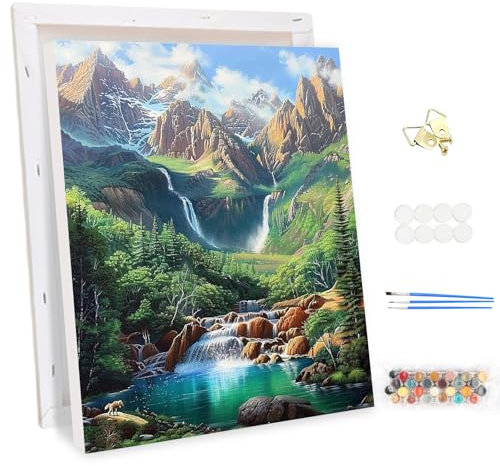 MEIYUDA Peinture par Numero Adulte avec Cadre Paysage, Rivière de Montagne Kit de Peinture à l'Huile sur Toile par Numéro, Débutants Peinture Acrylique Pigmentée, Decoration Maison Cadeau 30x40cm