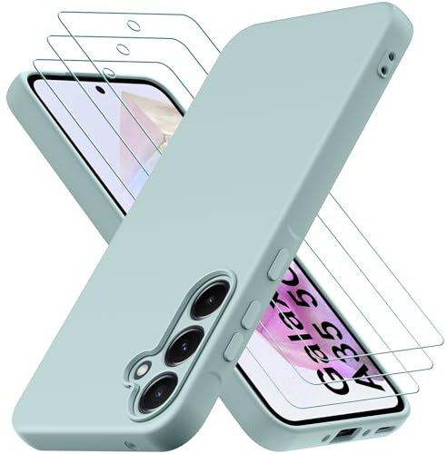 Coque Samsung Galaxy A35 5G avec 3 Pièces Verre trempé Protection écran, Couche Intérieure Douce, Mince Souple Silicone Étui Protection Antichoc Bumper Housse TPU Téléphone Case Cover, Vert Clair