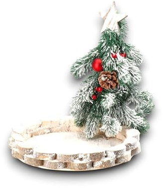 Centrotavola Natalizio Base in Legno a Forma di Tronco - Decorazione con Albero Natale innevato h. 30 cm - Portacandela Avvento da Tavolo Ø 30 cm rametti pino, pigne e bacche rosse