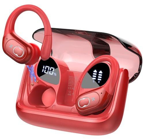 STECEi Kopfhörer Sport, 2025 in Ear Kopfhörer Kabellos Bluetooth 5.4 mit HD Mic, 75Std HiFi Stereo Bluetooth Kopfhörer mit Ohrhaken, Comfort Fit, IP7 wasserdichte Ohrhörer für Sport, Rot