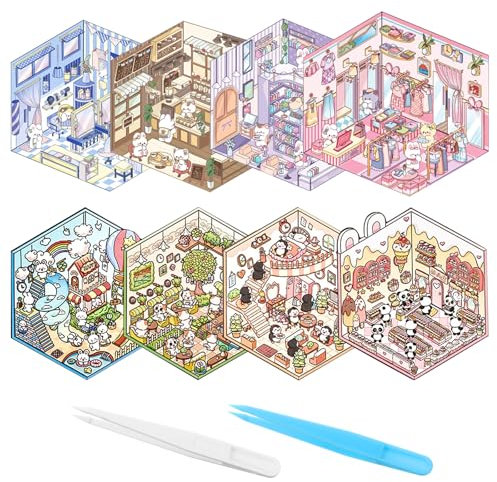 JIEYAO 8 Sets DIY 3D House Stickers, Miniatur Haus Sticker 3D mit 2 Pinzetten Fun diy stickers Scene Cute Cartoon Stacking Scene Stickers Kreative DIY 3D Sticker für Erwachsene und Kinder