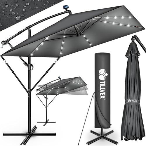 tillvex® Parasol déporté LED solaire Rectangulaire Ø330cm + Housse de Protection & contre le vent | Parasol à manivelle carré + support | pour le jardin Extérieur