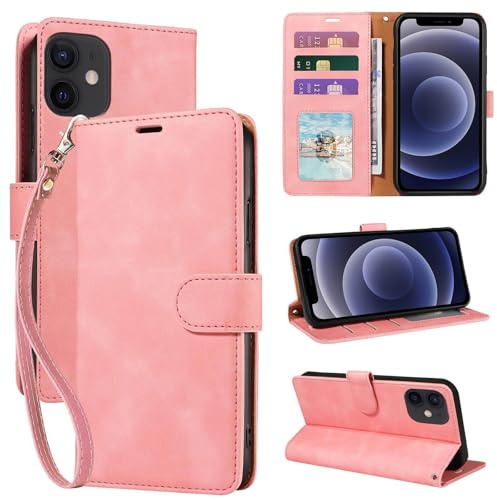 GOTOURED RFID Blocking Flip Wallet Case for iPhone 12 Mini (Pink) | Premium PU leather, 3 card slots, detachable wrist strap, secure magnetic closure, kickstand, shockproof, phone Case cover