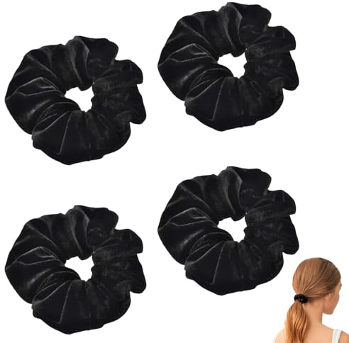 4 Stück Haargummi Schwarz,Haargummis Schwarze Samtstoff,Scrunchies Groß Samt,Haargummi Dickes Haar,Haarschmuck,Elastische Haarbänder Pferdeschwanz,Stirnband für Damen und Mädchen Afro Lockiges