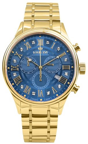 LOUIS XVI Danton 1501 - Ø 44 mm - Herren Uhr - Wasserdicht - Uhr mit Saphirglas - Armband Gold - Zifferblatt Blau Diamanten - Schweizer Quarzwerk