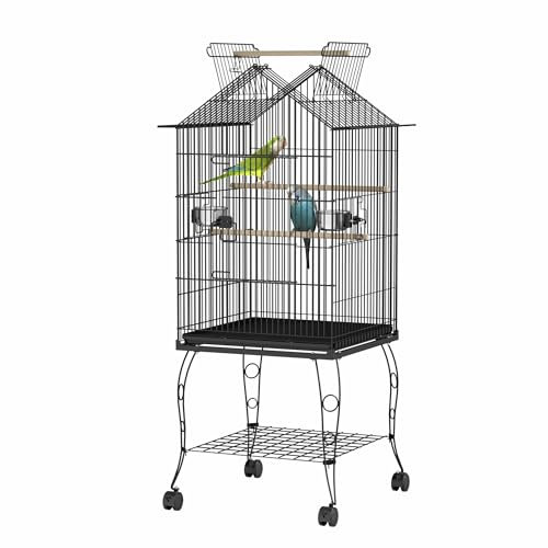 UISEBRT Vogelkäfig mit Ständer und Rollen - Großer Vogelhaus Vogelvoliere Metall Vogelbauer Käfig Vogel für Finken Kanarienvögel Wellensittiche Schwarz (Typ B, 55x55x145cm)
