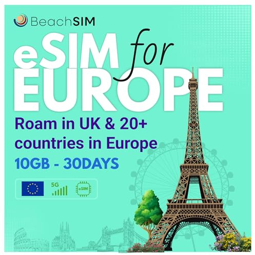 BeachSIM Europe eSIM 30 Tage. 10 GB Datenvolumen mit 4G/5G Geschwindigkeit. Nur Daten. Funktioniert in Großbritannien, der Schweiz und 27 EU-Ländern. Funktioniert mit eSIM-kompatiblen Geräten.
