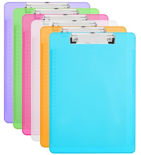 6 Stück Klemmbretter A4, Clipboard A4 mit Metallklemme und Aufhängeöse | Kunststoff, Klar Schreibtafel Set, 6 Farben Klemmbretter für Schule und Büro,