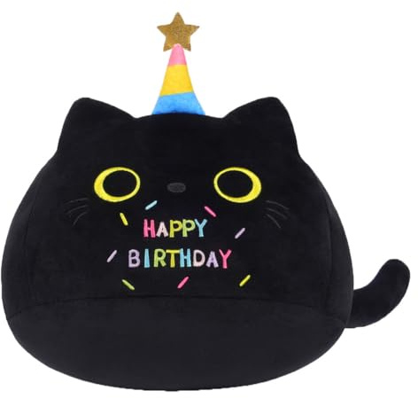 MPQDFG Schwarze Katze Plüschtiere, 20cm Alles Gute zum Geburtstag Katze Plüschkissen, Stofftier zum Kuscheln & Spielen, Plüschkissen Puppe Geschenk für Fans Kinder Mädchen Jungen