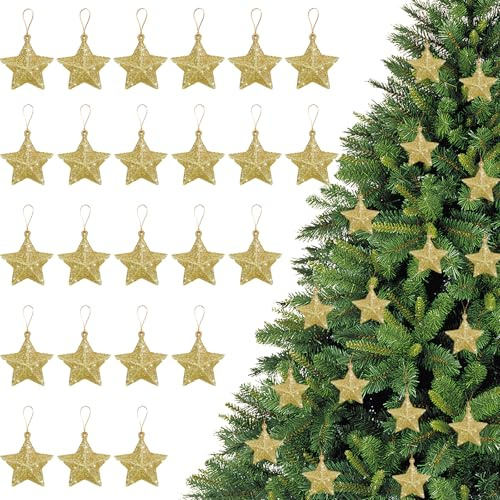 Weihnachtsbaumschmuck 24 Stück Glitzer Stern Anhänger Weihnachten Deko, Hängende Sterne Deko Weihnachtsschmuck,Weihnachtsbaum Anhänger Weihnachten Deko für Baum, Fenster und Wanddekoration