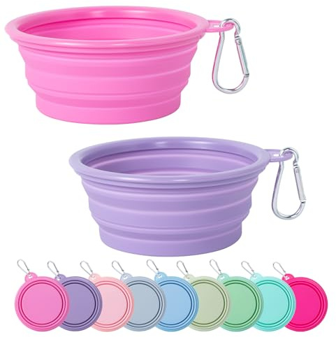 SLSON Cuenco plegable para perros, paquete de 2 unidades, color macarrón, plegable, de viaje, comedero portátil de silicona para mascotas, plato de agua para perros, gatos, camping, senderismo (rosa