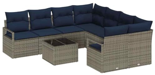 vidaXL Sofa Set mit Kissen 9 pcs Grau und Marineblau Poly Rattan, Garten- undTerrassenmöbel-Set, moderner Rattansofa, leichtes Lounge, UV-beständig, perfekt für draußen