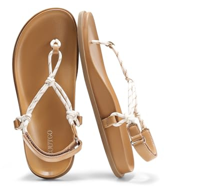 Coutgo Womens T Strap Flat Sandals Open Toe Flip Flops Adjustable Ankle Strap Summer Beach Thong Shoes,White，size 9