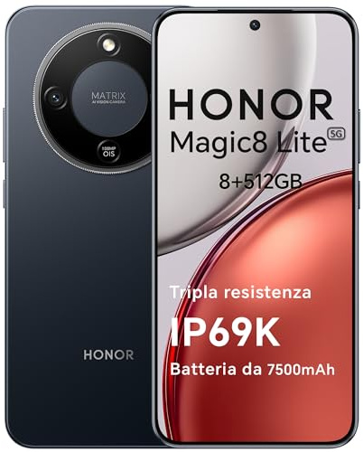 HONOR Magic8 Lite Smartphone 5G, 8+512GB, Tripla Resistenza-IP69K, 7500 mAh, Fotocamera AI 108 MP con OIS, Display AMOLED da 6.79 Pollici Cellulari, AI Intelligente, Dual SIM, NFC, Midnight Black