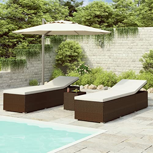 Ziaphsol 3-TLG. Garten-Sonnenliegen-Set, Poly Rattan Braun, verstellbar, mit Teetisch, wetterfest, für Pool, Terrasse und Garten, 195x60x31 cm