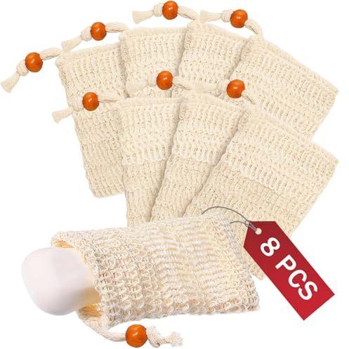 8 Pcs Sac à Savon en Sisal, Pochette Savon Solide, Sacs à Savons de Douche Avec Cordon, Convient Pour Avoir Plus de Mousse & Faire Sécher le Savonss, Gommage et Massage