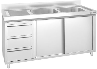 GGM Gastro Spülschrank PREMIUM 1400x700mm mit 3 Schubladen & 2 Becken
