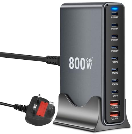 800W USB C Charging Station Hub 10‑Port GaN III Multi Port USB Fast Charger Block (8 USB‑C & 2 USB‑A),Metallic Gray & Black Power Dock Compatible with MacBook, iPhone, iPad, Galaxy S24/S23 etc