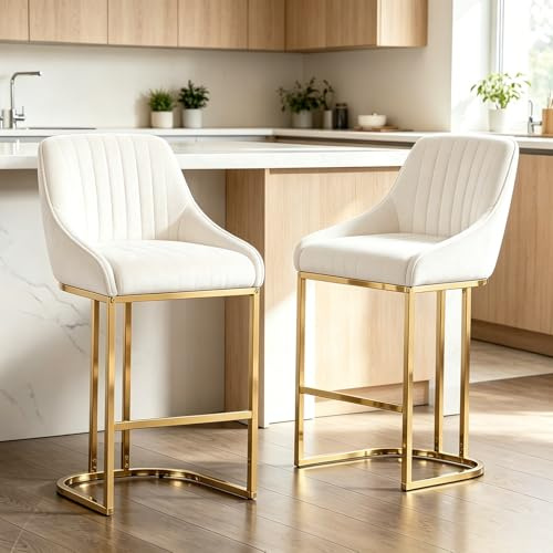 Warmiehomy Beige Bar Stools Set of 2, Kitchen Stools with Backs & Gold Legs
