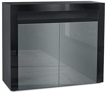 Vladon Buffet Valencia, Commode avec 2 Portes et 1 Compartiment Ouvert, Noir Mat/Gris Haute Brillance/Noir Haute Brillance (108 x 92 x 40 cm)